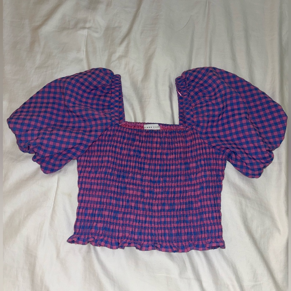 PINK AND BLUE TOP WITH POPLIN SLEEVES